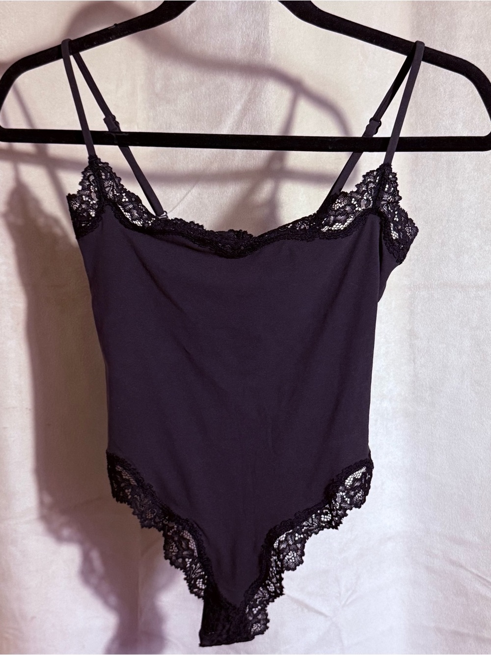 SKIMS Black Lace-Trim Thong Bodysuit